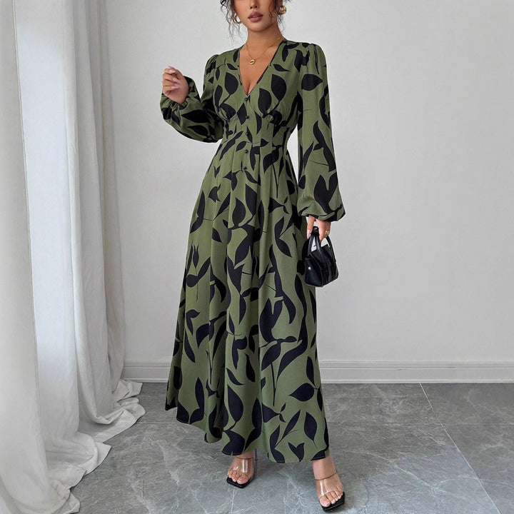 Damen Maxikleid mit taillierter Knopfleiste, V‑Ausschnitt und Ballonärmeln – Avérine