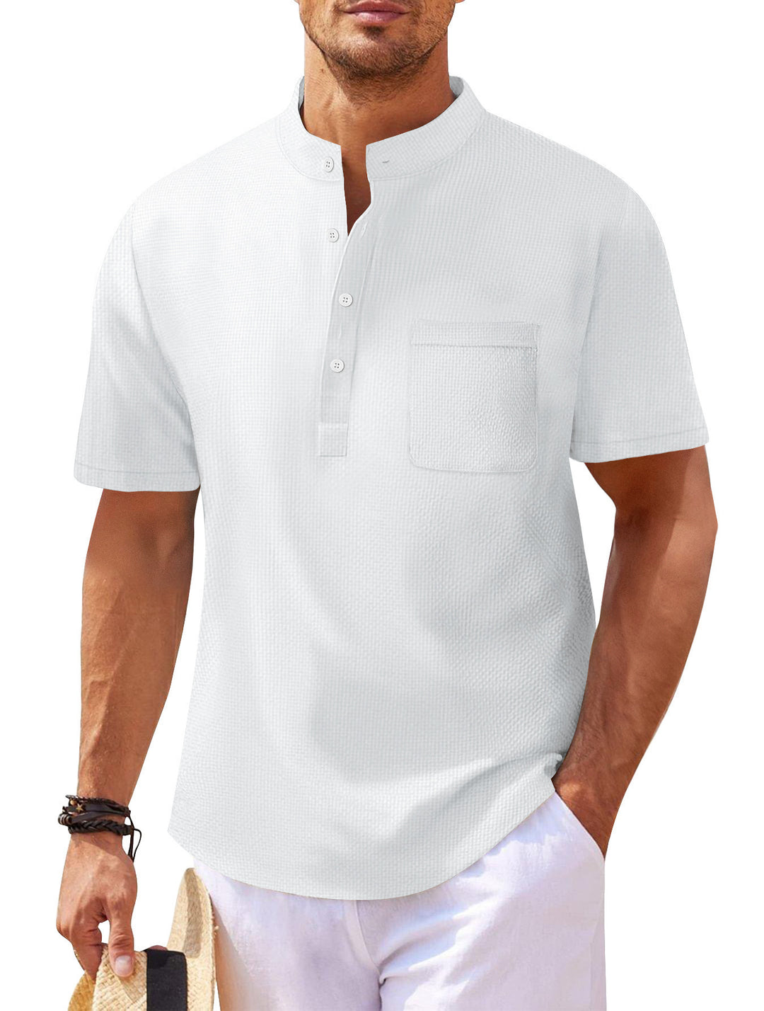 Herren Kurzarm-Henley-Shirt mit strukturiertem Design und praktischer Brusttasche Echoarchiv
