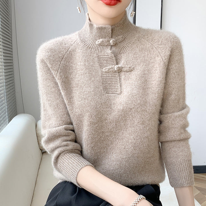 Damen Kaschmir‑Optik Mockneckpullover mit dekorativer KnEchoarchivelknopfblende Echoarchiv