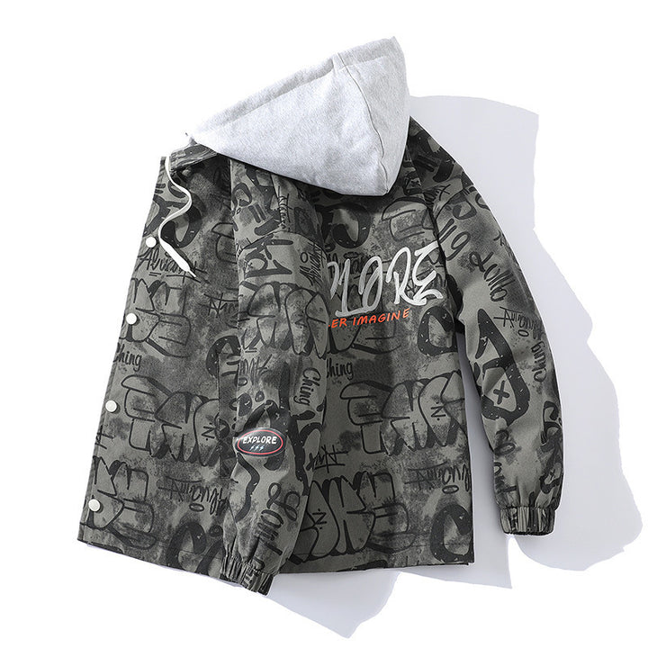 Herren Graffiti-Print Kapuzenparka mit Zip-In Fleece-Innenlayer Echoarchiv
