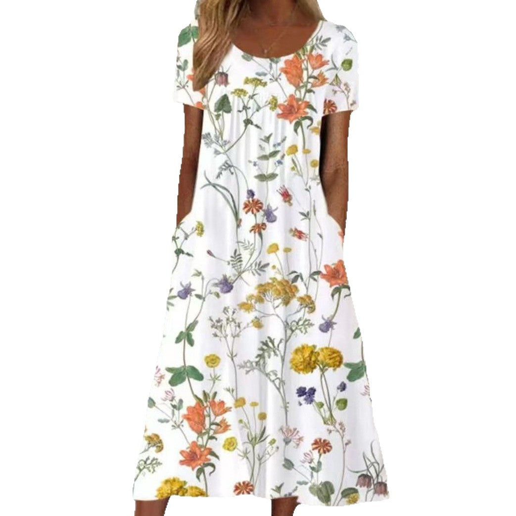 Damen nan sommerliches A-Linien-Maxikleid mit V-Ausschnitt, kurzen Ärmeln und seitlichen Eingrifftaschen aus leichtem Jersey Echo Archiv