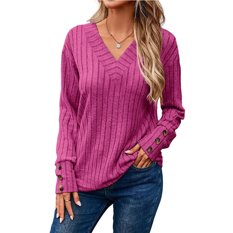 Damen Gerippter V-Ausschnitt Strickpullover mit Knopfmanschetten Echo Archiv