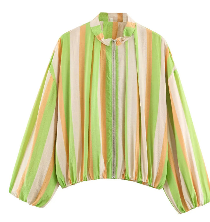 Damen Gestreifte Cropped Blousonjacke mit Stehkragen, Reißverschluss und Ballonärmeln Echo Archiv