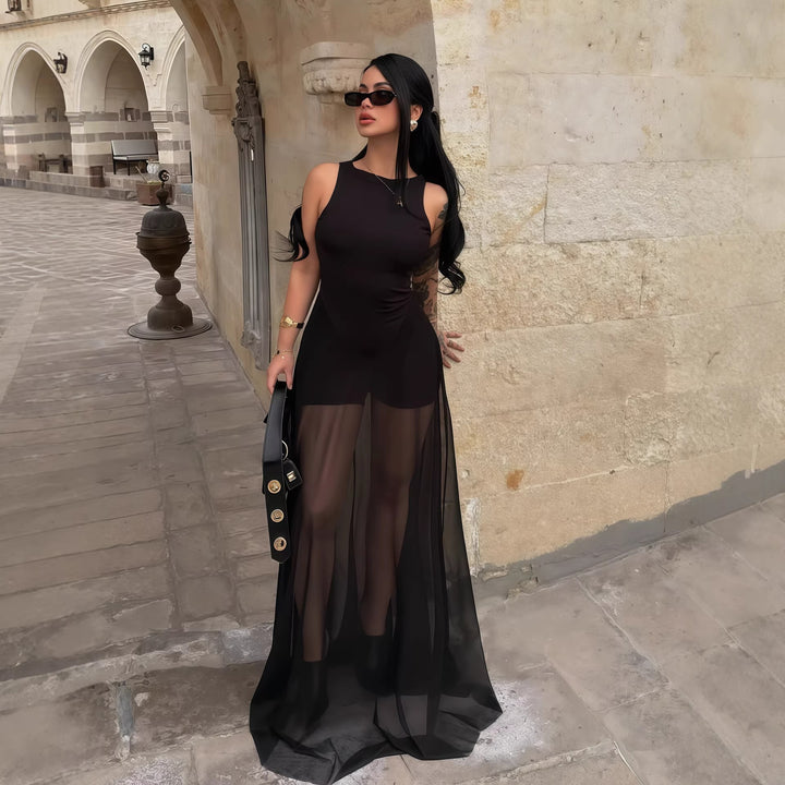 Damen Elegantes Maxi-Kleid mit transparentem Chiffon-Überwurf und figurbetontem Inneren Echo Archiv