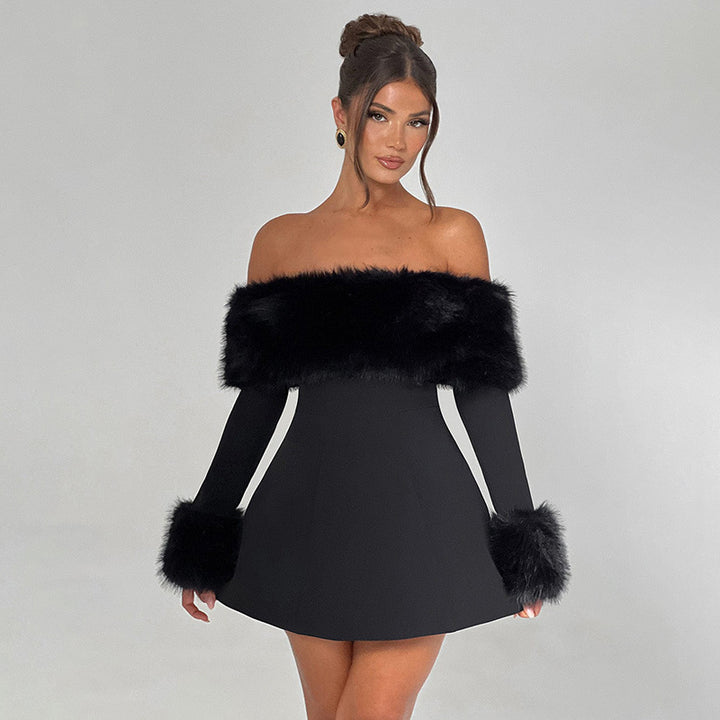 Damen Offshoulder-Kleid mit luxuriöser Futterverzierung und schwingendem Rock Echo Archiv