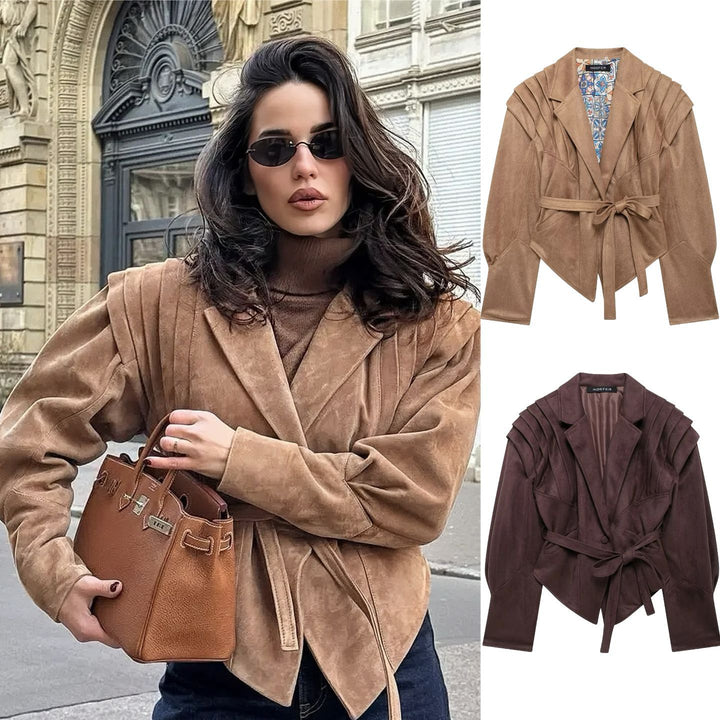 Damen nan taillierter Wildlederoptik Blazer mit Wickelgürtel und gerafften Schultern Echo Archiv