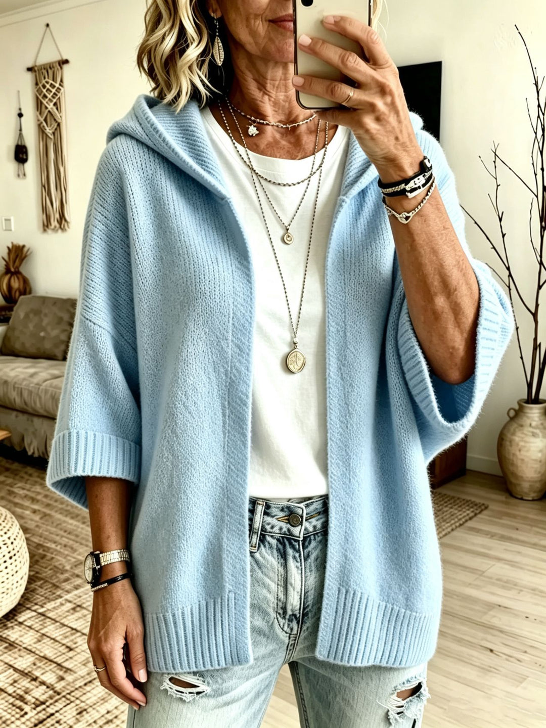 Damen Kapuzen-Longcardigan aus grobem Strick mit 3/4-Ärmeln und offener Front – Veloura
