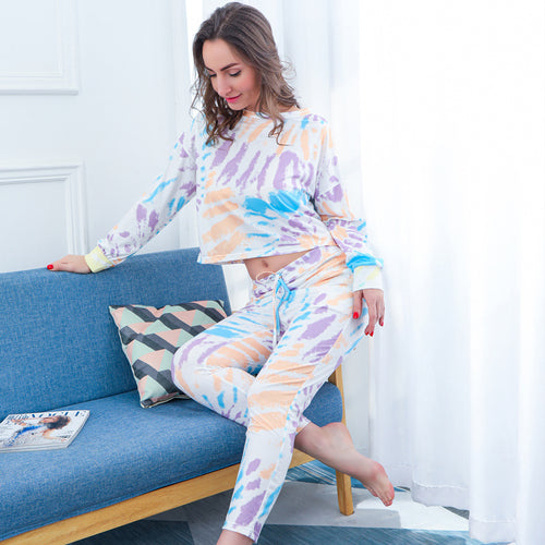 Damen Zweiteiliges Crop-Lounge-Set mit Batikprint, Oversize-Sweatshirt und Kordelbund-Jogger – Élanora
