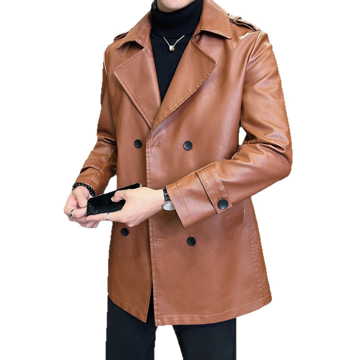Herren Doppelreihiger Kunstleder-Trenchcoat mit markantem Revers Echo Archiv