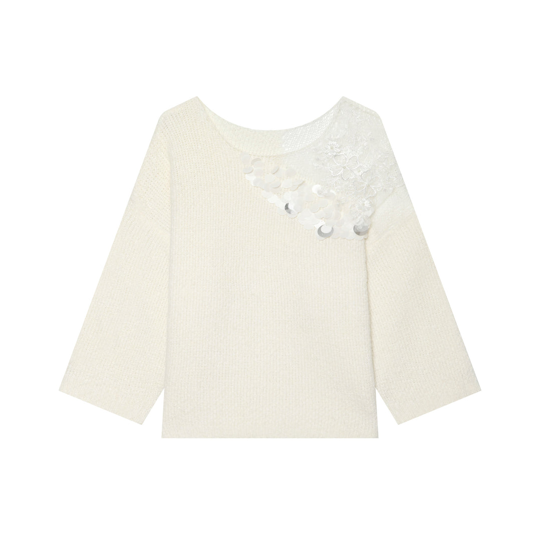 Damen Boxy-Strickpullover mit Pailletten-Applikation und Spitzenbesatz Echoarchiv