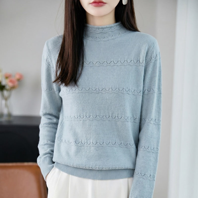 Damen Leichter Ajourstrick-Pullover mit kurzem Stehkragen und feinem Rippsaum Echoarchiv