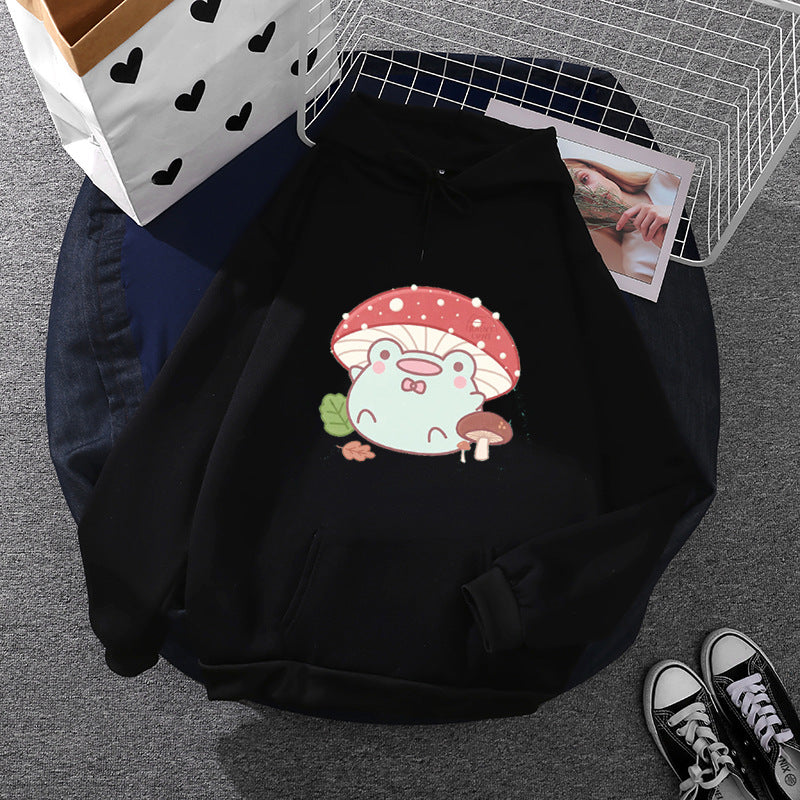 Damen weicher Oversize-Kapuzenpullover mit kawaii Pilzfrosch-Print, Kängurutasche und gerippten Bündchen – Auréline