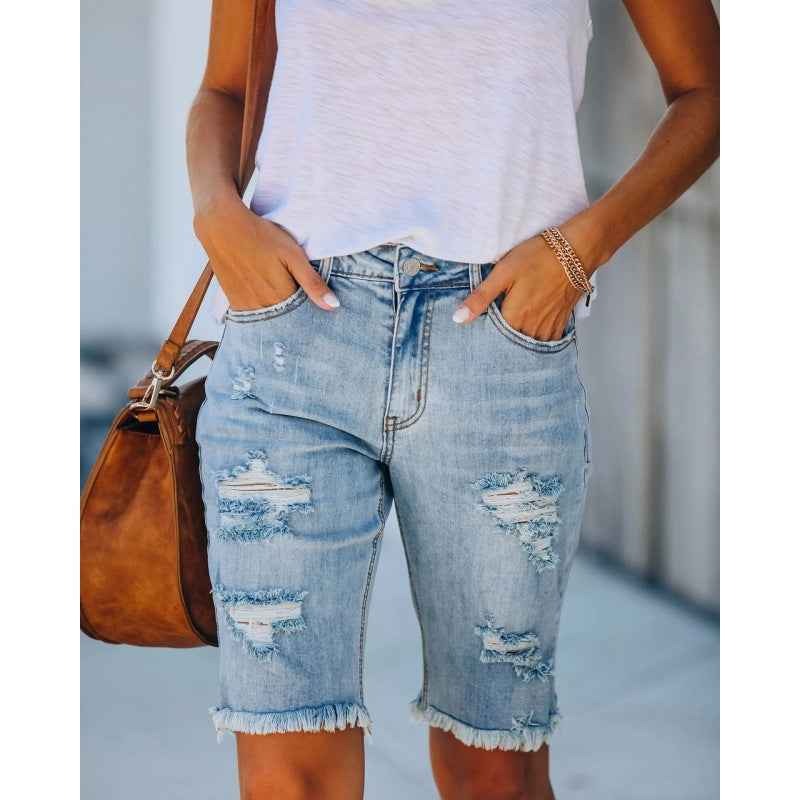 Damen Destroyed Denim Shorts Im Lässigen Schnitt mit Fransigen Säumen Echoarchiv