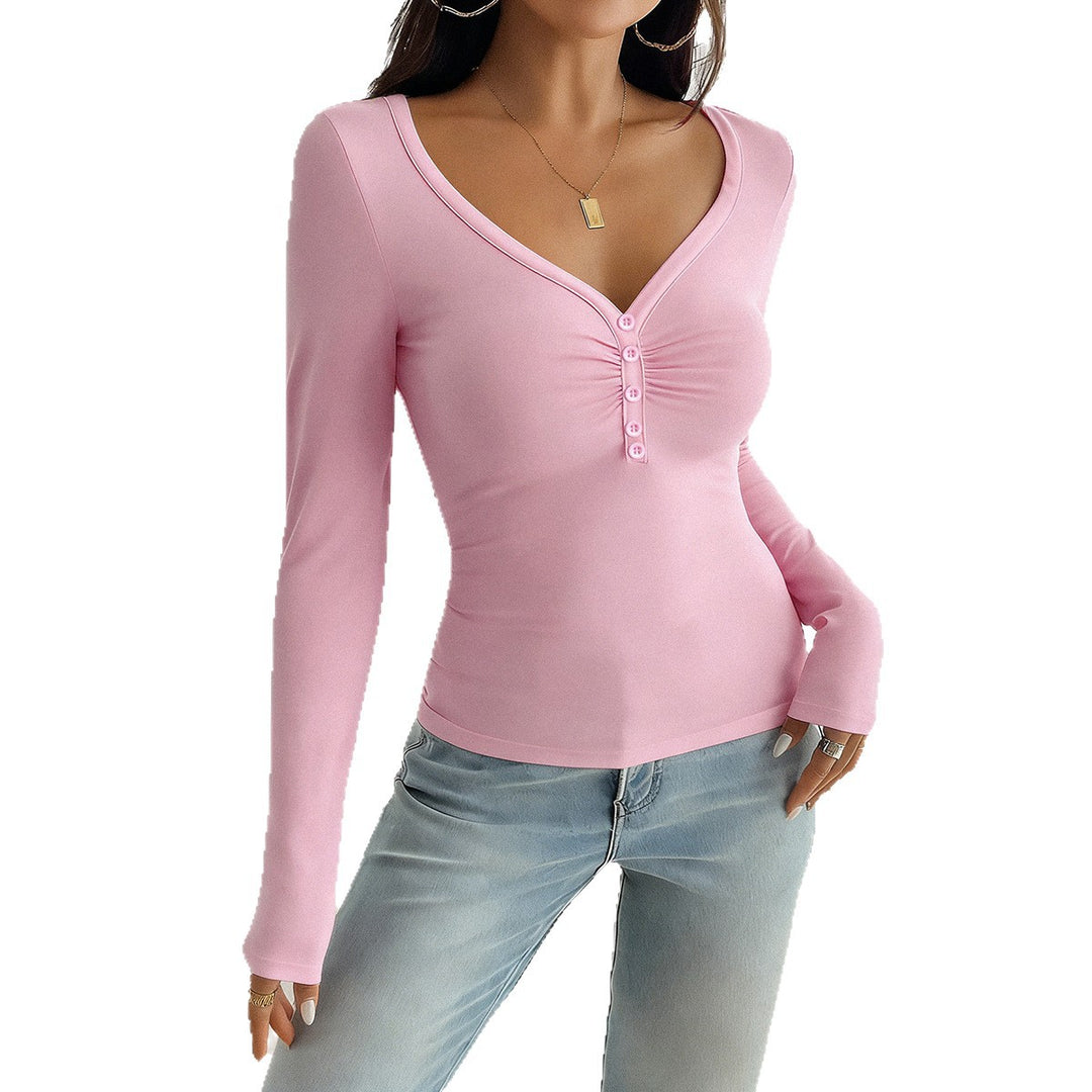 Damen tailliertes Langarmshirt mit geraffter Knopfleiste und tiefem V-Ausschnitt – Maréline