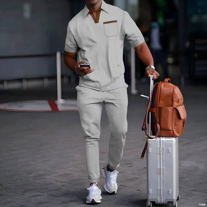 Herren nan lässiges Freizeitset aus elastischem Jersey mit V-Ausschnitt Brusttasche und Kordelbund Echo Archiv