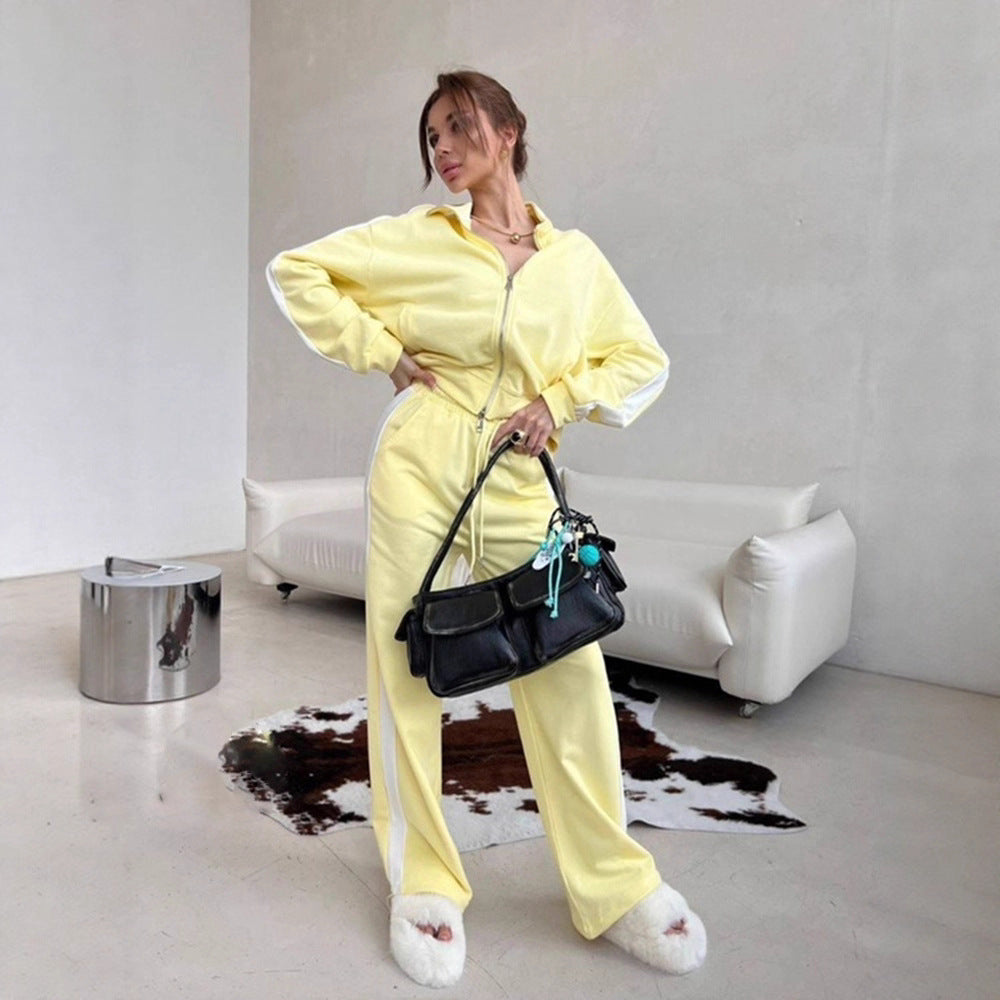 Damen Relaxed-Loungewear-Set mit kurzem Zip-Hoodie und weiter Palazzo-Jogginghose mit Seitenpaspel – Avérine