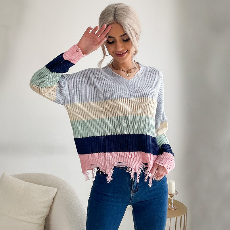 Damen Oversize V-Ausschnitt Strickpullover mit Streifendessin und ausgefranstem Saum Echoarchiv