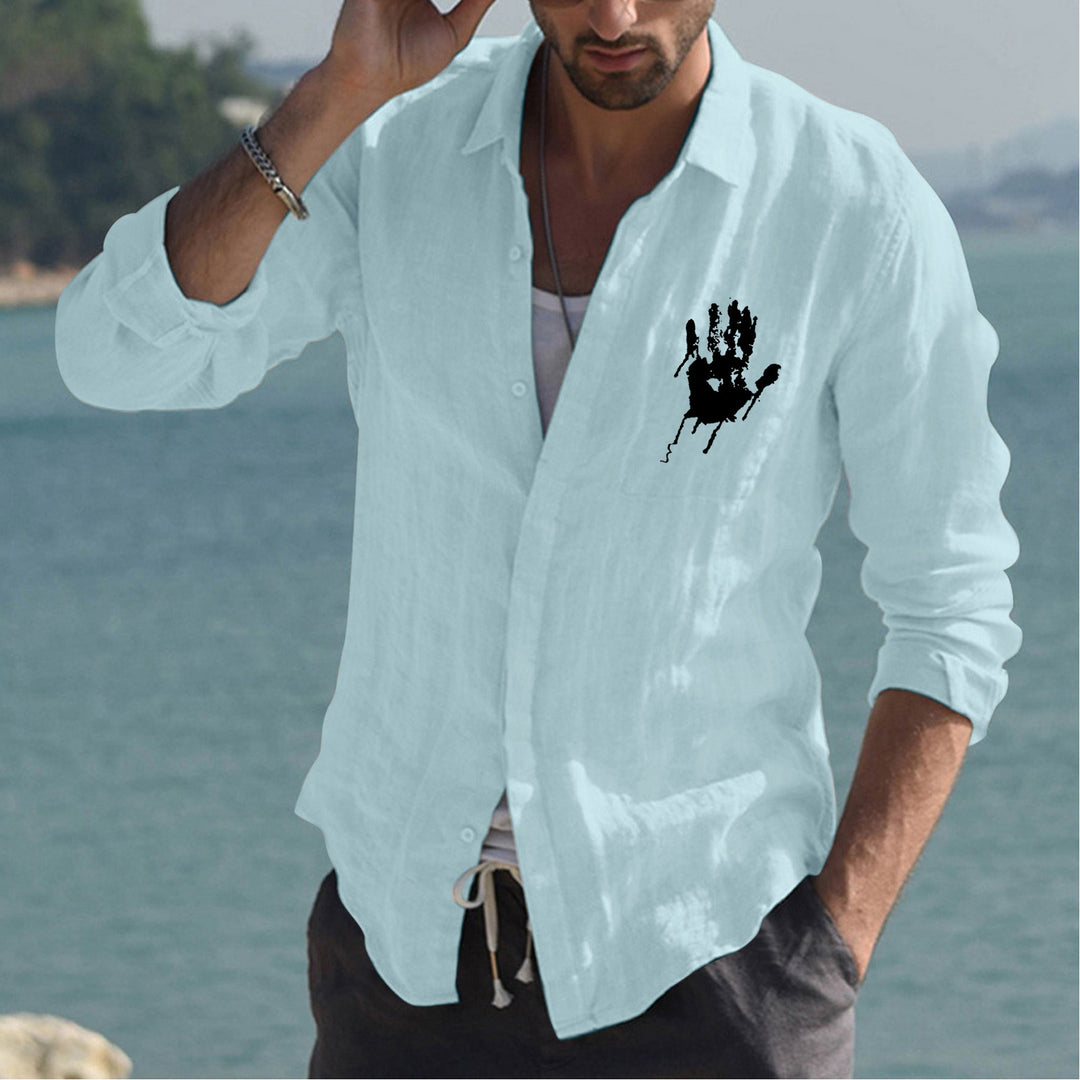 Herren Lässiges Leinenhemd mit buntem Stickmotiv Echoarchiv