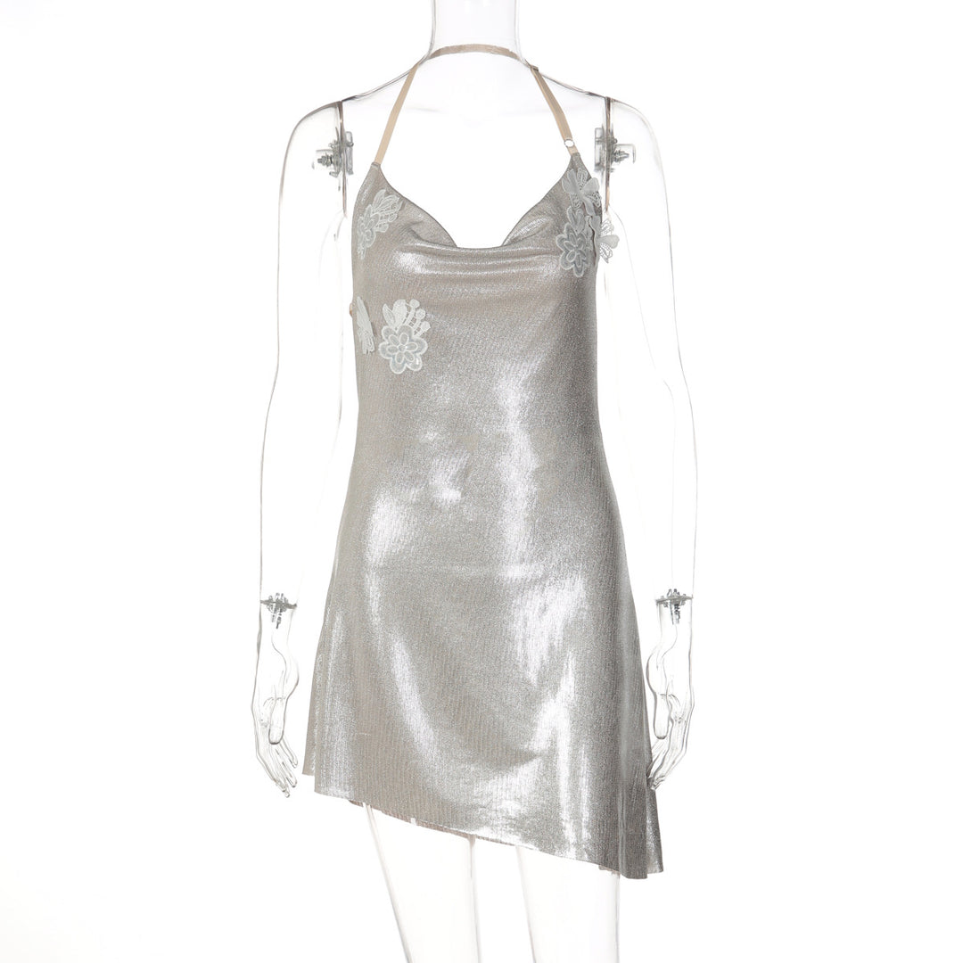 Damen glänzendes Cocktailkleid mit Spaghetti-Trägern und zarten Spitzenapplikationen Echo Archiv
