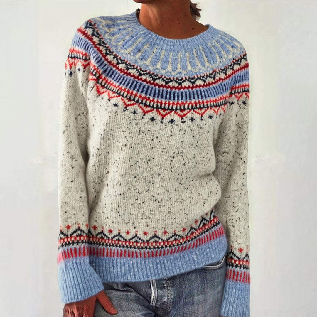 Damen nan melierter Rundhalsausschnittpullover mit kreisförmigem Jacquard-Yoke und geripptem Saum Echo Archiv