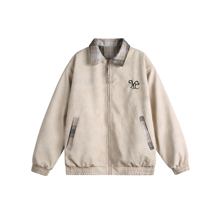 Damen Kurz geschnittene Boxy‑Jacke aus Wildleder‑Optik mit kariertem Kragen und elastischem Saum Echoarchiv