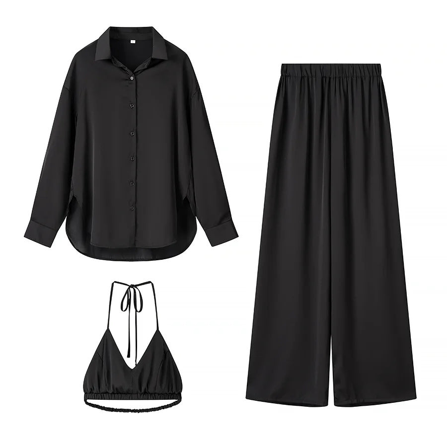 Damen elegantes Dreiteiler-Set Oversize-Hemd Highwaist-Weitbeinhose und Neckholder-Croptop – Élanora