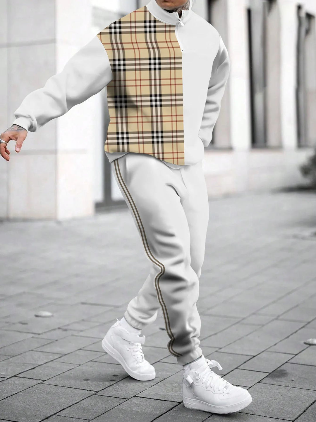 Herren sportliches Outfit mit hohem Kragen und modischem Grafikdesign Echoarchiv