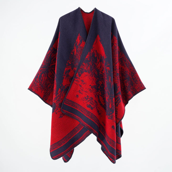 Damen Capeponcho aus Wollmix mit zweifarbiger Jacquardstruktur und Zierstichrand – Montévia