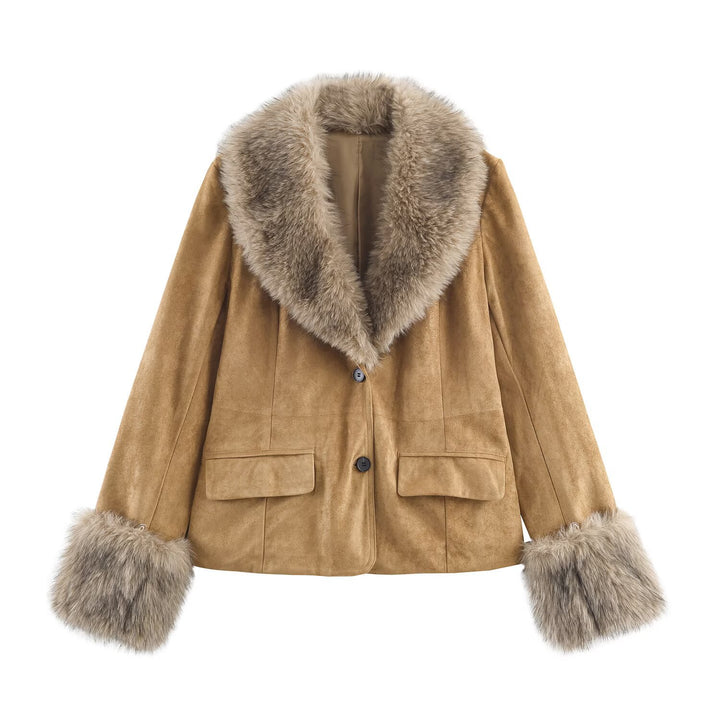 Damen Kurzjacke aus Wildlederoptik mit voluminösem Kunstfellkragen und Fellmanschetten Echo Archiv