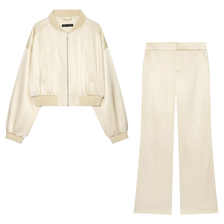 Damen Zweiteiliges Satinset: Cropped Bomberjacke mit Rippbündchen und hochtaillierte Wide‑Leg Hose Echo Archiv