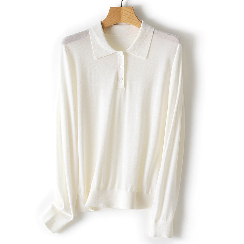 Damen Feiner Langarm-Polo-Pullover aus Feinstrick mit Knopfleiste Echoarchiv