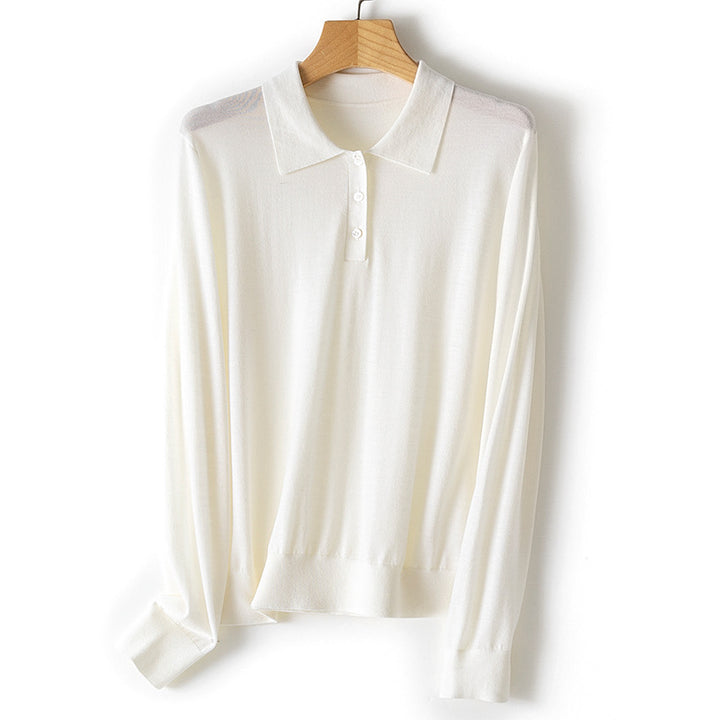 Damen Feiner Langarm-Polo-Pullover aus Feinstrick mit Knopfleiste Echoarchiv