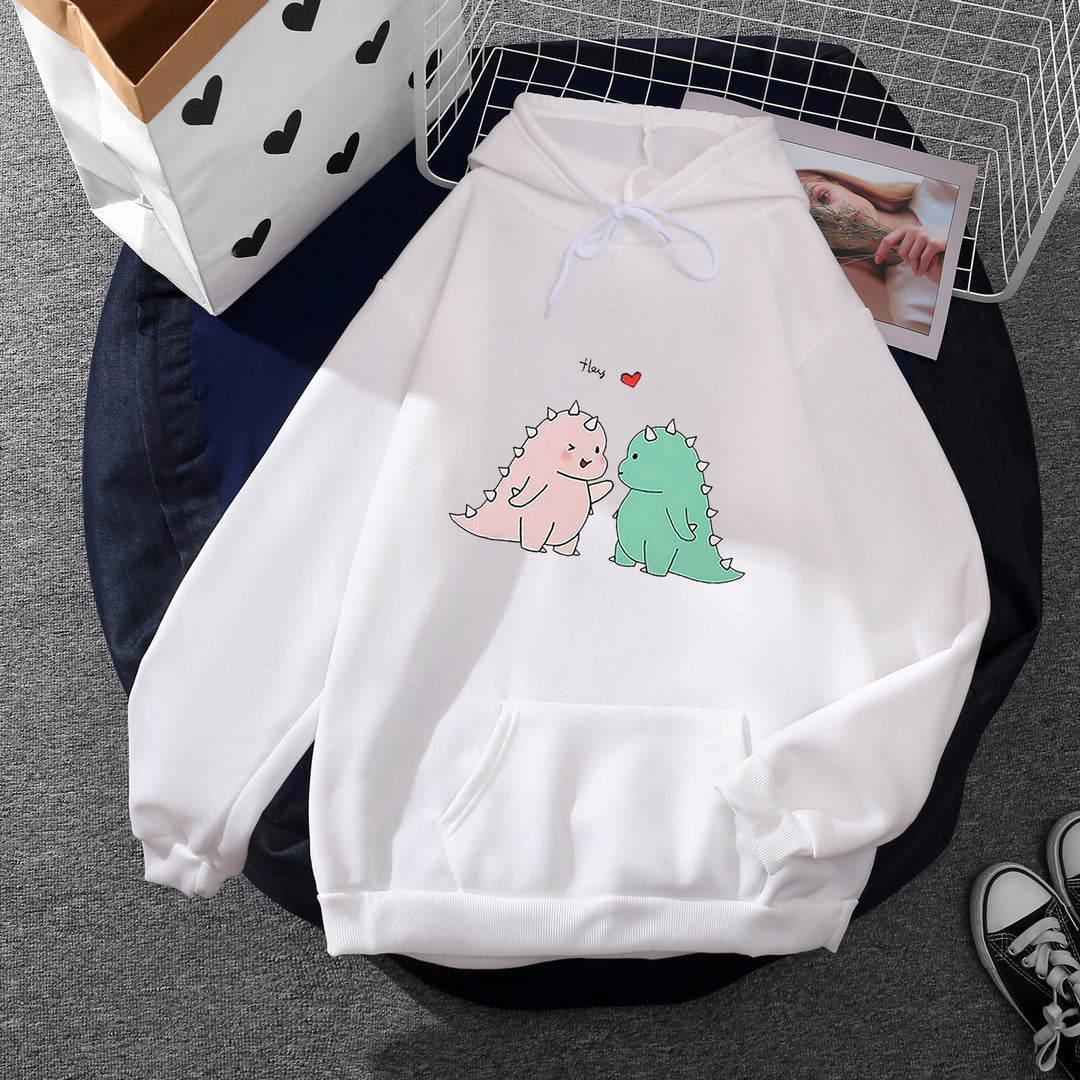 Damen Kapuzenpullover mit niedlicher Dinosaurierpärchen‑Illustration, Oversize‑Schnitt und Kängurutasche – Auréline