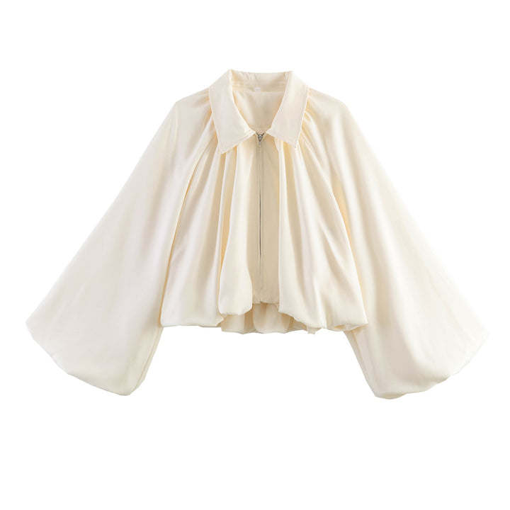 Damen Kurze Cape-Jacke mit voluminösen Ballonärmeln, Stehkragen und Reißverschluss Echo Archiv