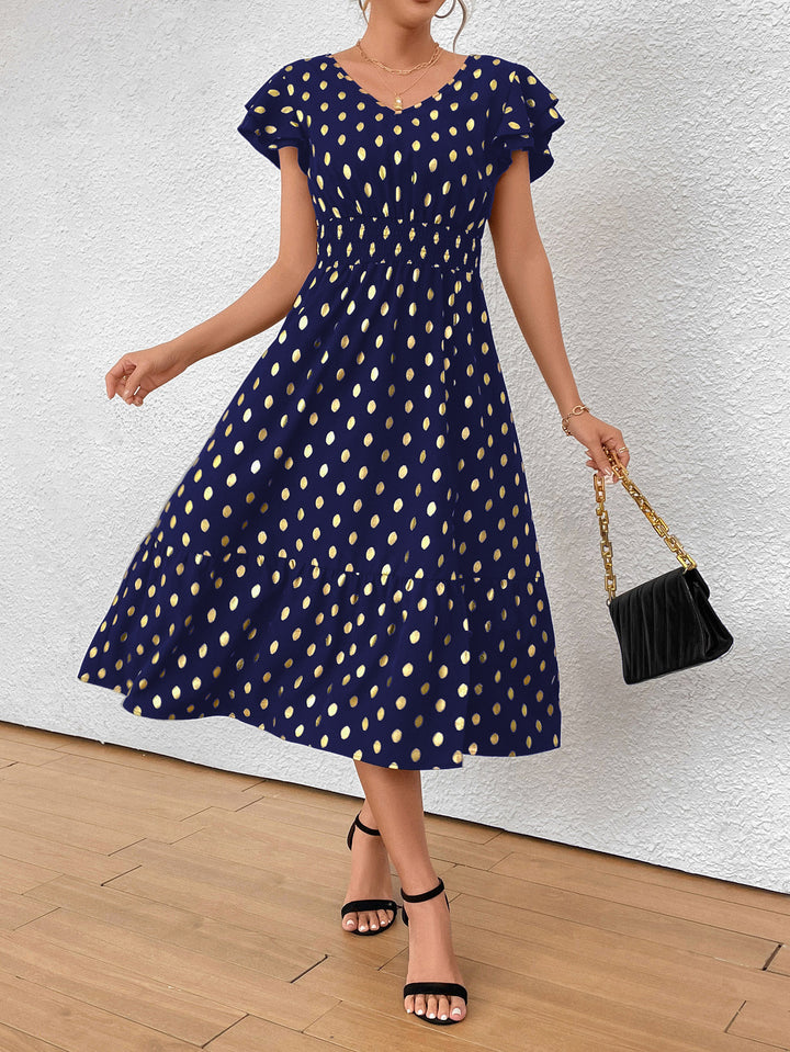 Damen Maxikleid mit Rüschendetails und schimmerndem Punktmuster Echo Archiv