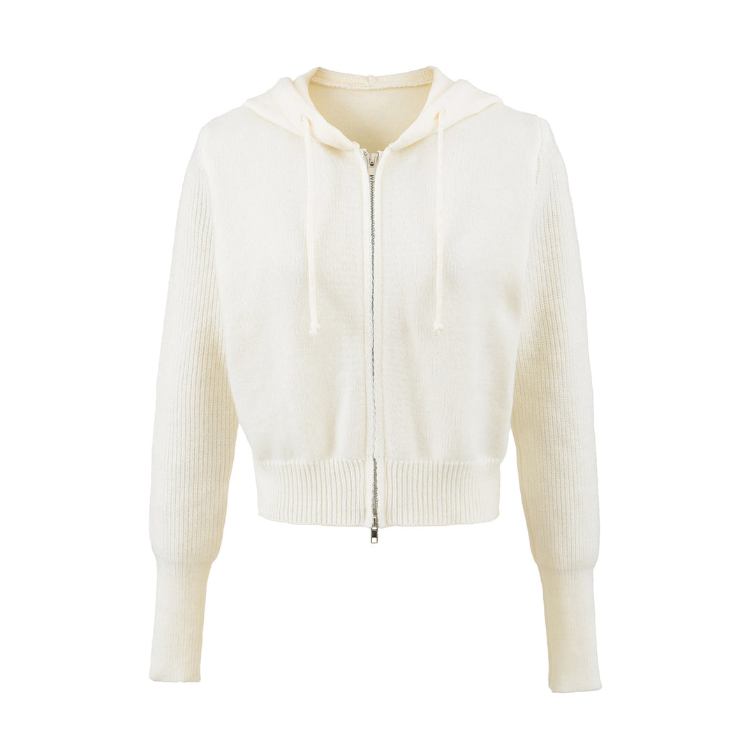 Damen Kurze Kapuzen-Strickjacke mit Reißverschluss und tailliertem Rippenbund Echoarchiv