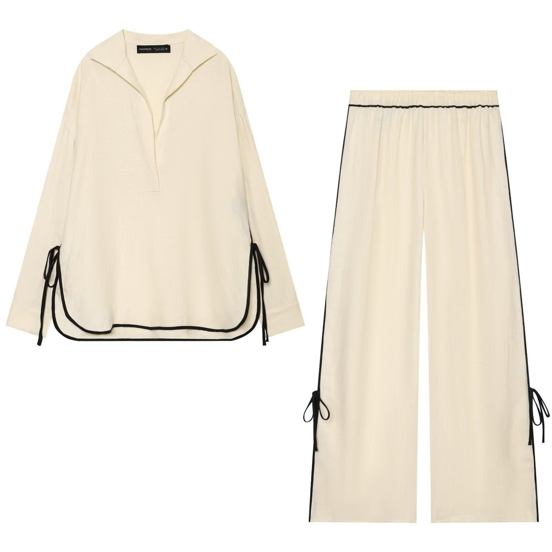 Damen Oversize Tunika-Pullover mit Polo-Kragen und seitlichen Zierbändern Echo Archiv