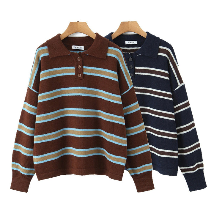 Damen Gestreifter Oversize-Strickpullover mit Polokragen und Rippbündchen Echoarchiv