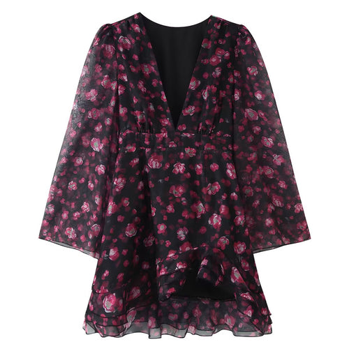 Damen Florales Chiffon-Minikleid mit tiefem V-Ausschnitt, Glockenärmeln und Stufenvolant Echo Archiv