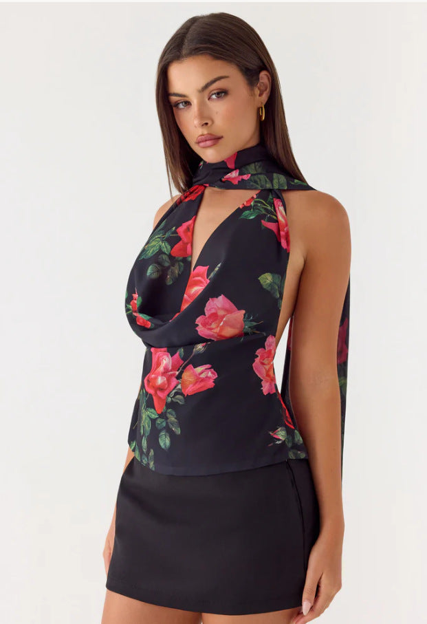Damen Elegantes Chiffon-Top mit floralem Halsband und tiefem Ausschnitt Echo Archiv