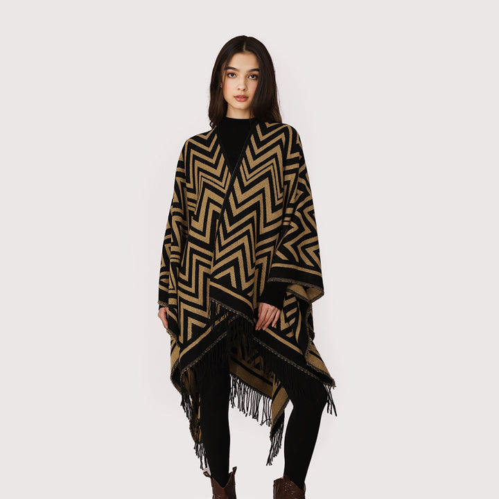 Damen Oversize-Umhang mit grafischem Zickzackmuster und langen Fransen Echo Archiv