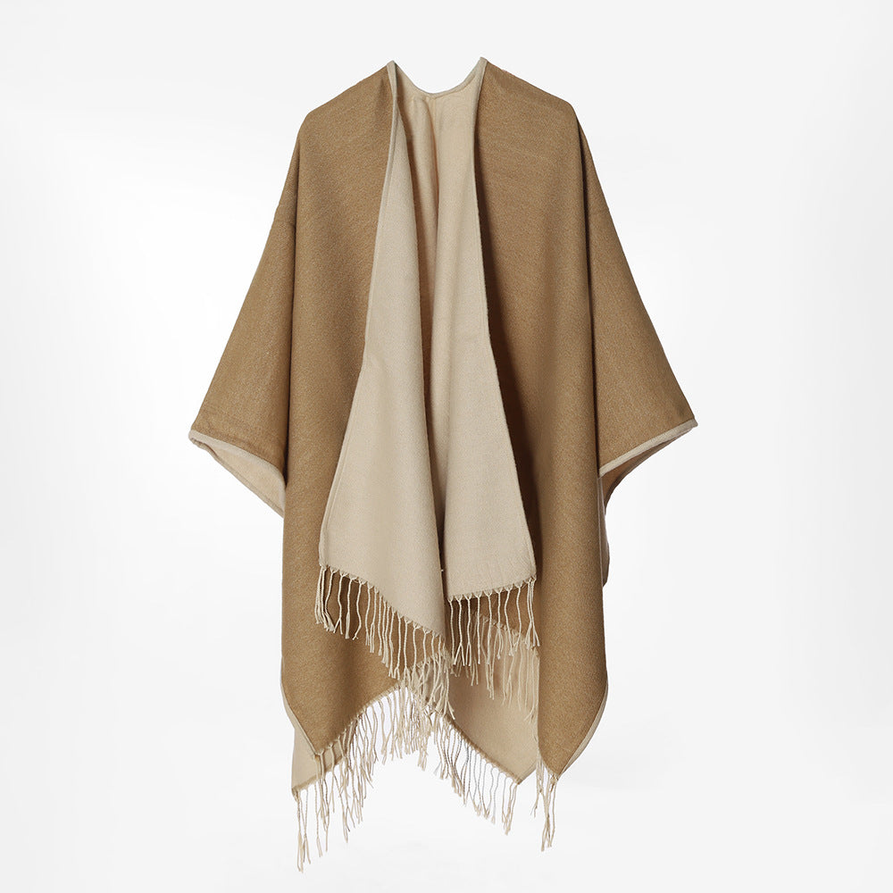 Damen Zweilagiger Oversize-Cape mit Fransen und offenem Wasserfall-Schnitt – Avérine