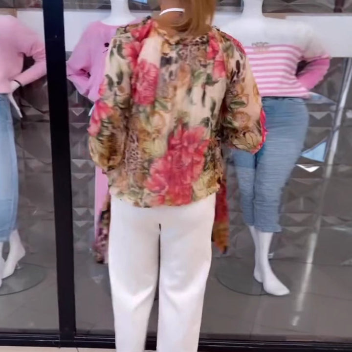Damen nan Seidenoptik-Bluse mit floral-animalischem Print, V-Ausschnitt, Raffung und Manschetten Echo Archiv