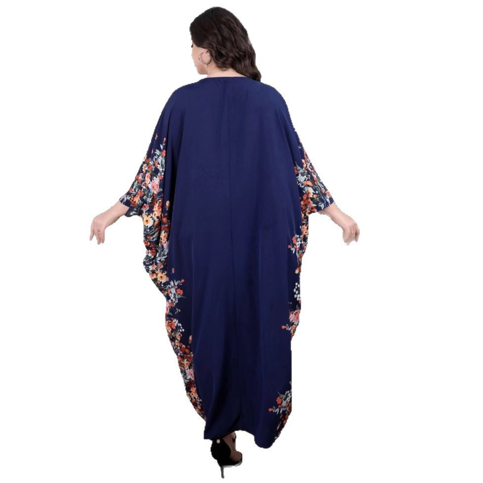 Damen Fließendes Maxikaftan-Kleid mit floralem Saum und dreiviertel Ärmeln – Valéora