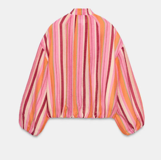 Damen Leichte gestreifte Cropped‑Bomberjacke mit Ballonärmeln und Reißverschluss Echo Archiv