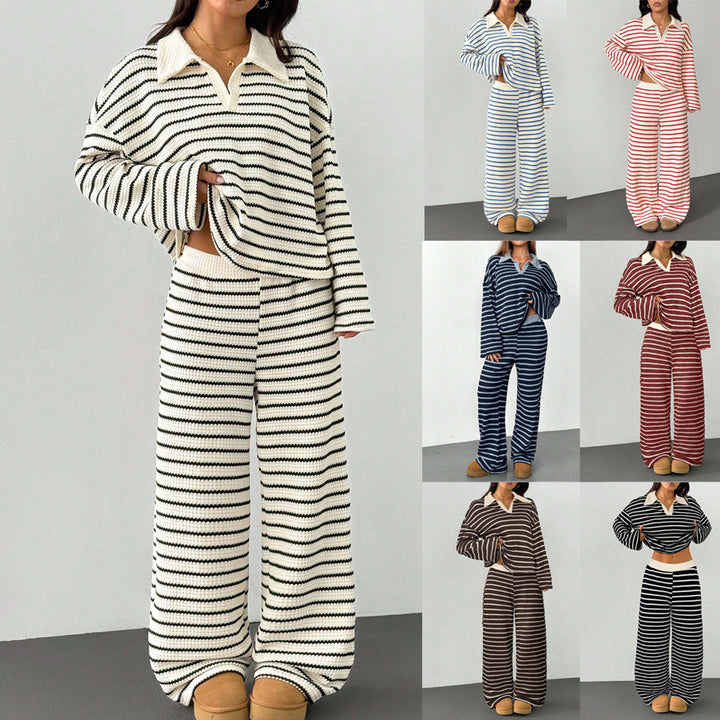Damen Gestreiftes Strick-Set aus Polokrippenpullover und weiten Palazzo-Strickhose Echo Archiv
