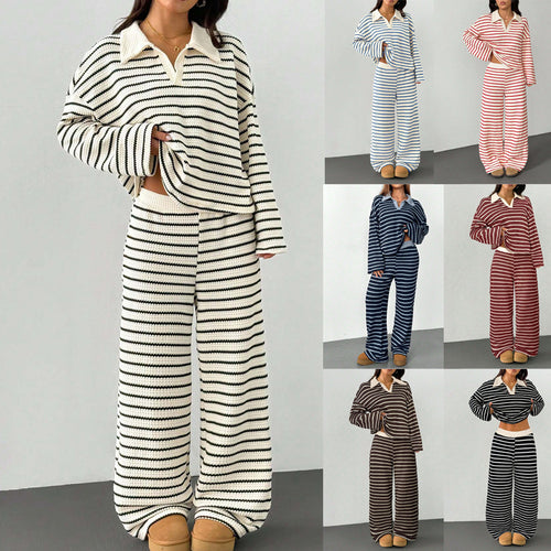 Damen Gestreiftes Strick-Set aus Polokrippenpullover und weiten Palazzo-Strickhose Echo Archiv