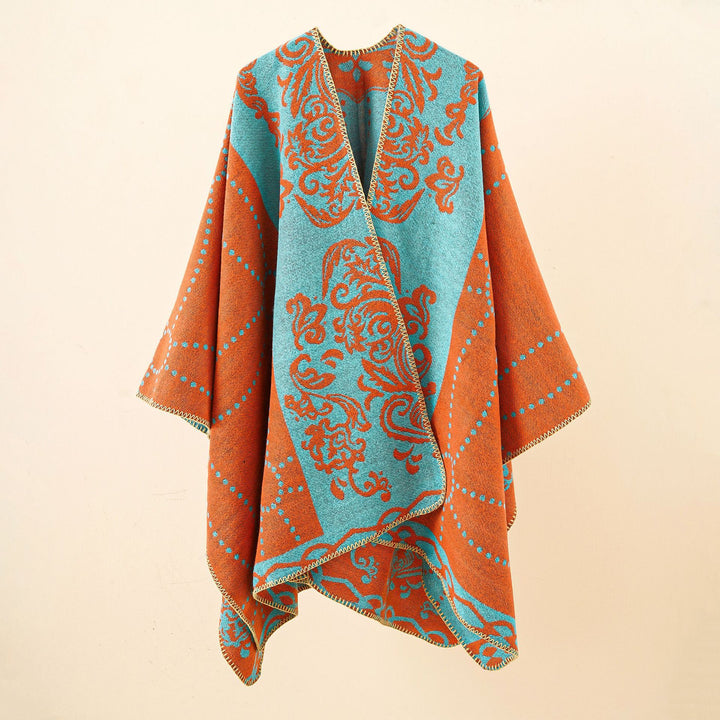Damen Jacquard-Ruana im Umhangstil mit kontrastierender Kettelsaum Echo Archiv