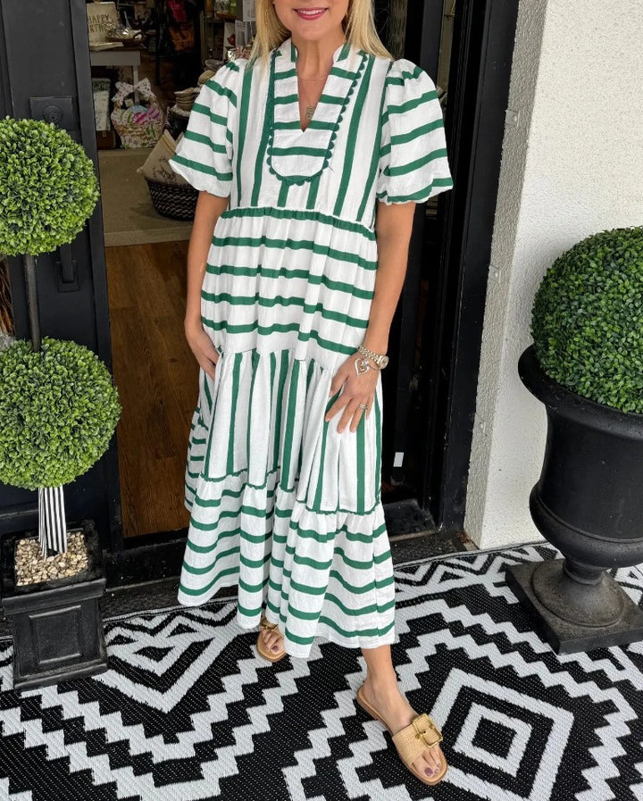Damen Gestreiftes Maxi-Kleid mit Stufenrock, Rüschenblende und Puffärmeln Echoarchiv