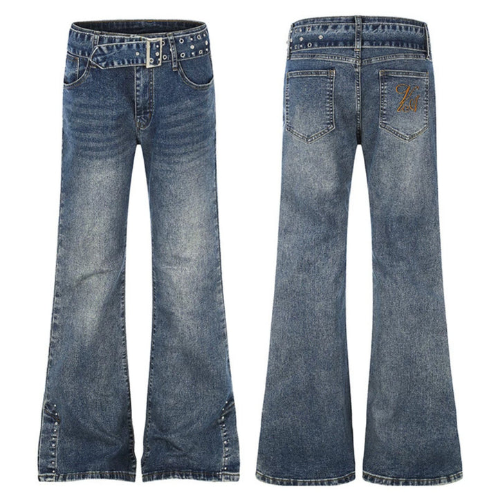 Damen High-Waist Flared-Denimjeans mit Nietenbesatz, weitem Schlag und Ziergürtel Echoarchiv